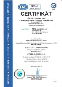 Certifikát TÜV STN EN ISO 9001:2009 v slovenskom jazyku