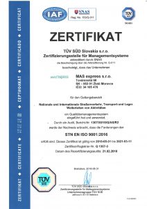 Certifikát TÜV STN EN ISO 9001:2009 v nemeckom jazyku