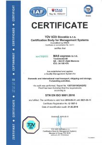 Certifikát TÜV STN EN ISO 9001:2009 v anglickom jazyku mas express